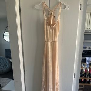 Cream Satin Cut Out Open Back Maxi Dress with Slit & Lace Trim